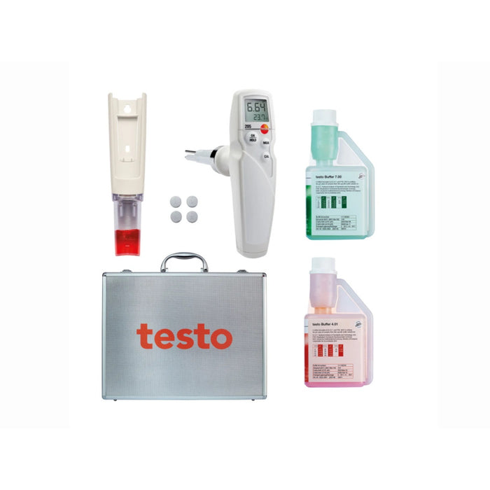 Testo 205 gıda pH metre seti, tampon çözeltileri, jelli saklama kapağı ve alüminyum çanta