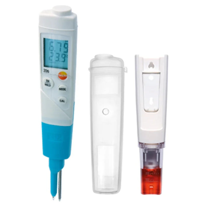 Testo 206-pH2 pH metrenin TopSafe kılıf, tutucu ve KCl jelli saklama başlığı ile paket görünümü
