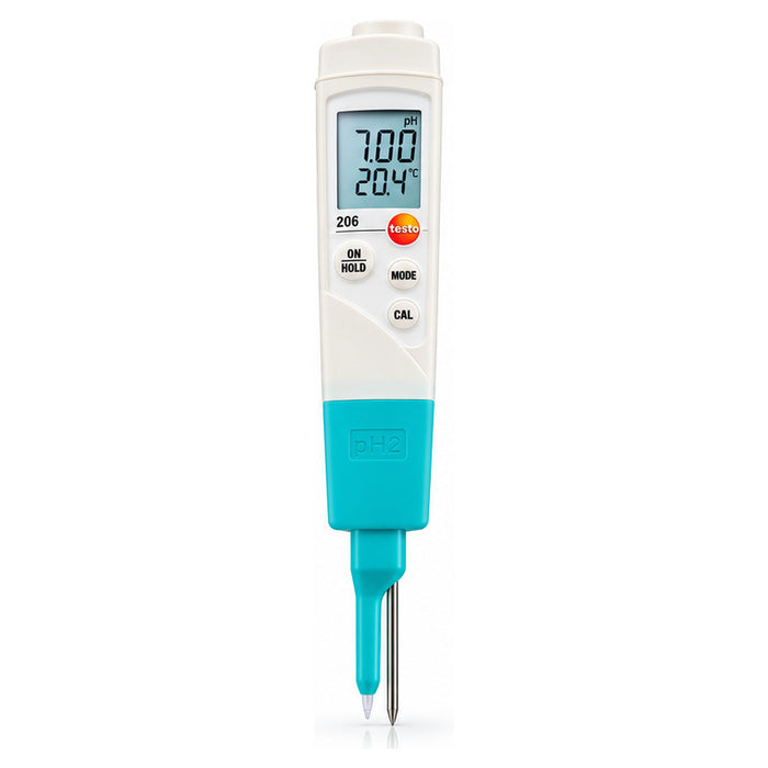 Testo 206-pH2 yarı katı gıda pH ve sıcaklık ölçerin ön görünümü ve pH2 probu