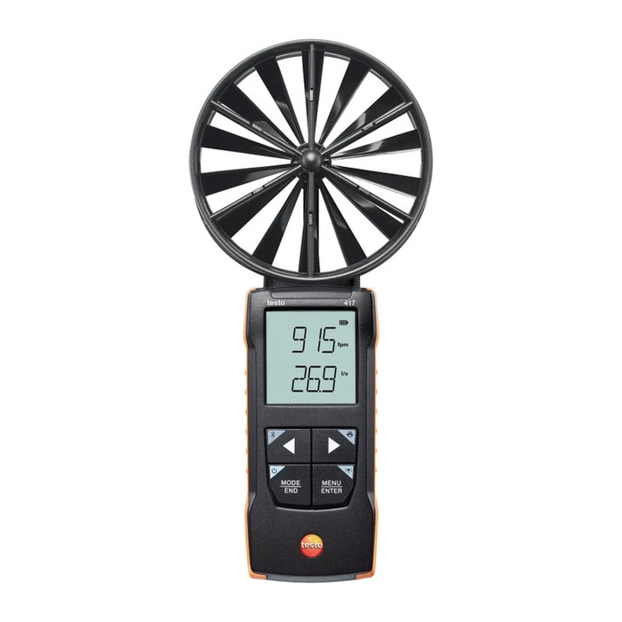 Testo 417 akıllı hava hızı ve debi ölçerin 100 mm pervaneli ön görünümü