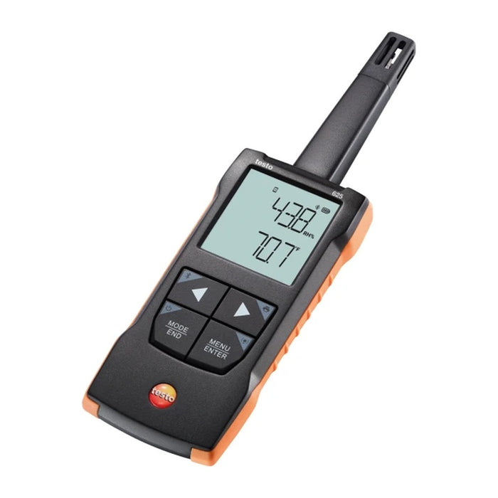 Testo 625 akıllı sıcaklık ve nem ölçerin açılı görünümü