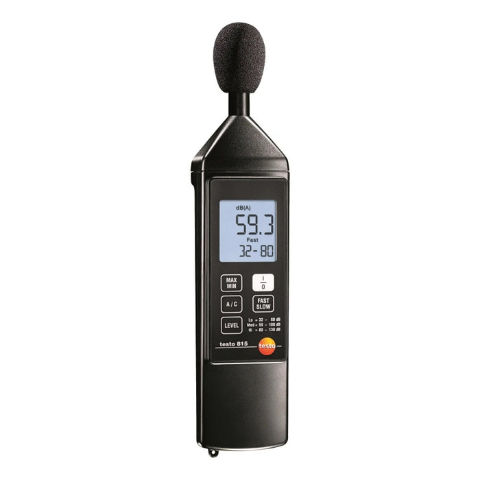 Testo 815 ses seviyesi ölçerin ekranı, tuşları ve rüzgâr koruma başlığı